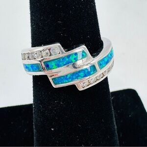 Sterling Silver Ring Created Opal CZ Accent Size 6 Crossover Blue Green 925 Mark